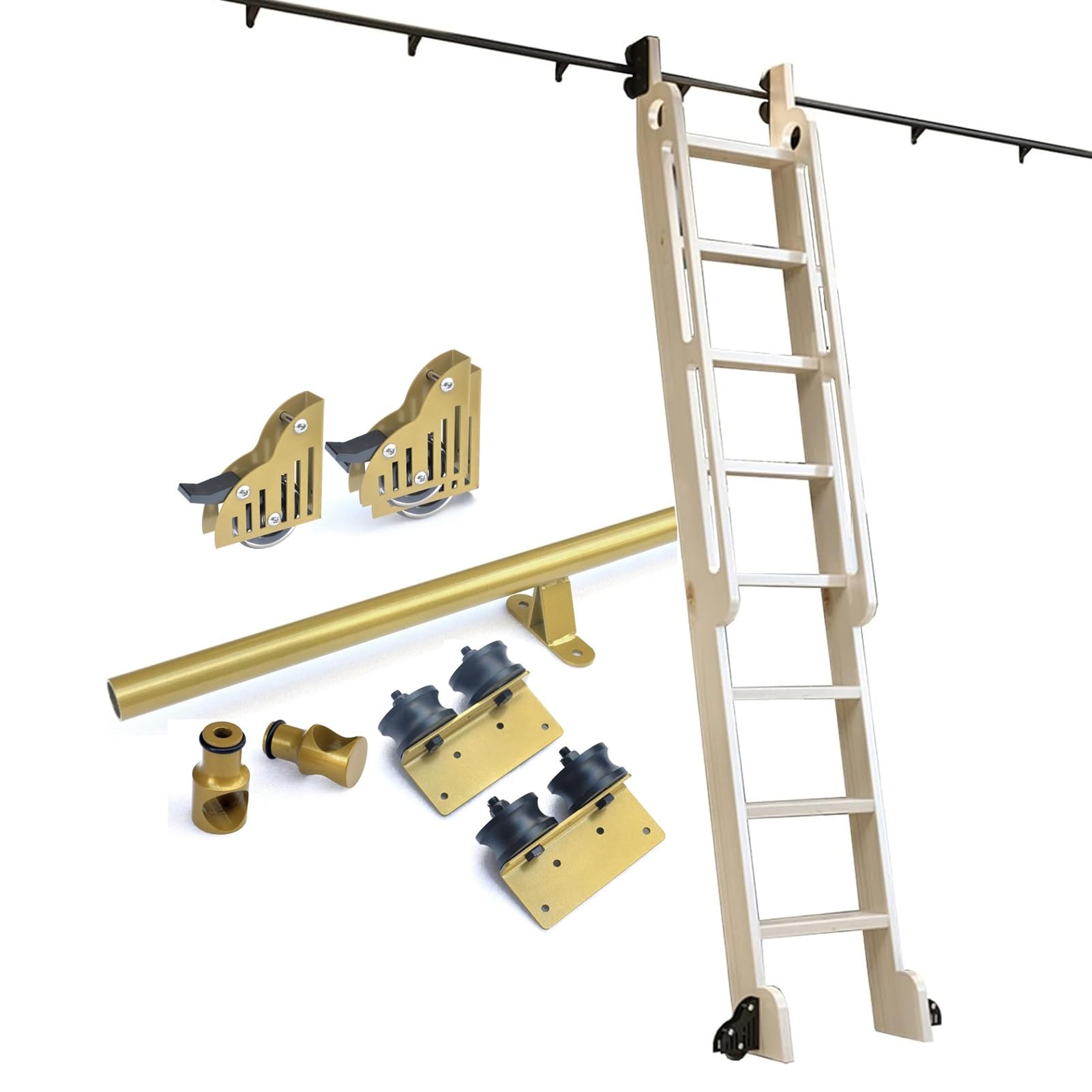 LWJSOCP Rolling Ladder Hardware Library Sliding Ladder Track Kit 3.3-24ft Track/Rail (No Ladder), Mobile Ladder Rails Slide Roller System for Loft Office, Full Set Ladder Handware Kit(20ft/610cm Tra