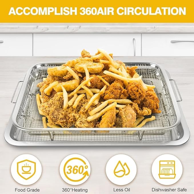 360° Hot Air Circulation – Even Crisp, No Flipping: The raised mesh basket allows hot air to surround every piece of food, cooking evenly from all sides. No need to shake or flip – just set and forget.