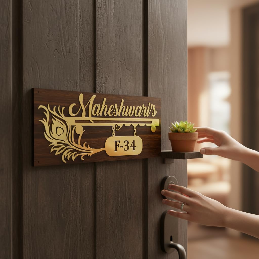 Personalised Home Door Name Plate Acrylic Embossed Letters With Mirror Shine Wood Craft Golden Acrylic Morpankh With Flute Customized Home Name Plate (Gold, 16 * 8) — Amazon image 2