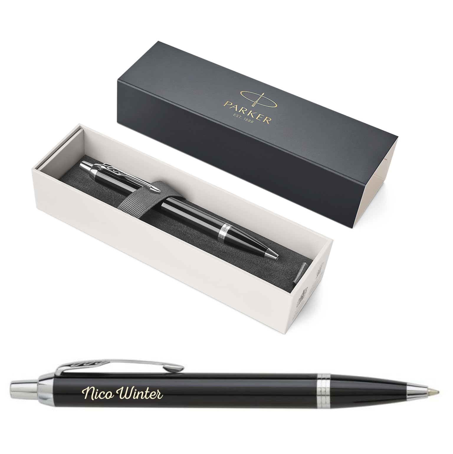 PARKER IM Core Bolígrafo con grabado, bolígrafo premium, caja de regalo, mina negra, regalo personalizado, nombres, grabados, aniversario, cumpleaños (Black Lacquer C.C.)