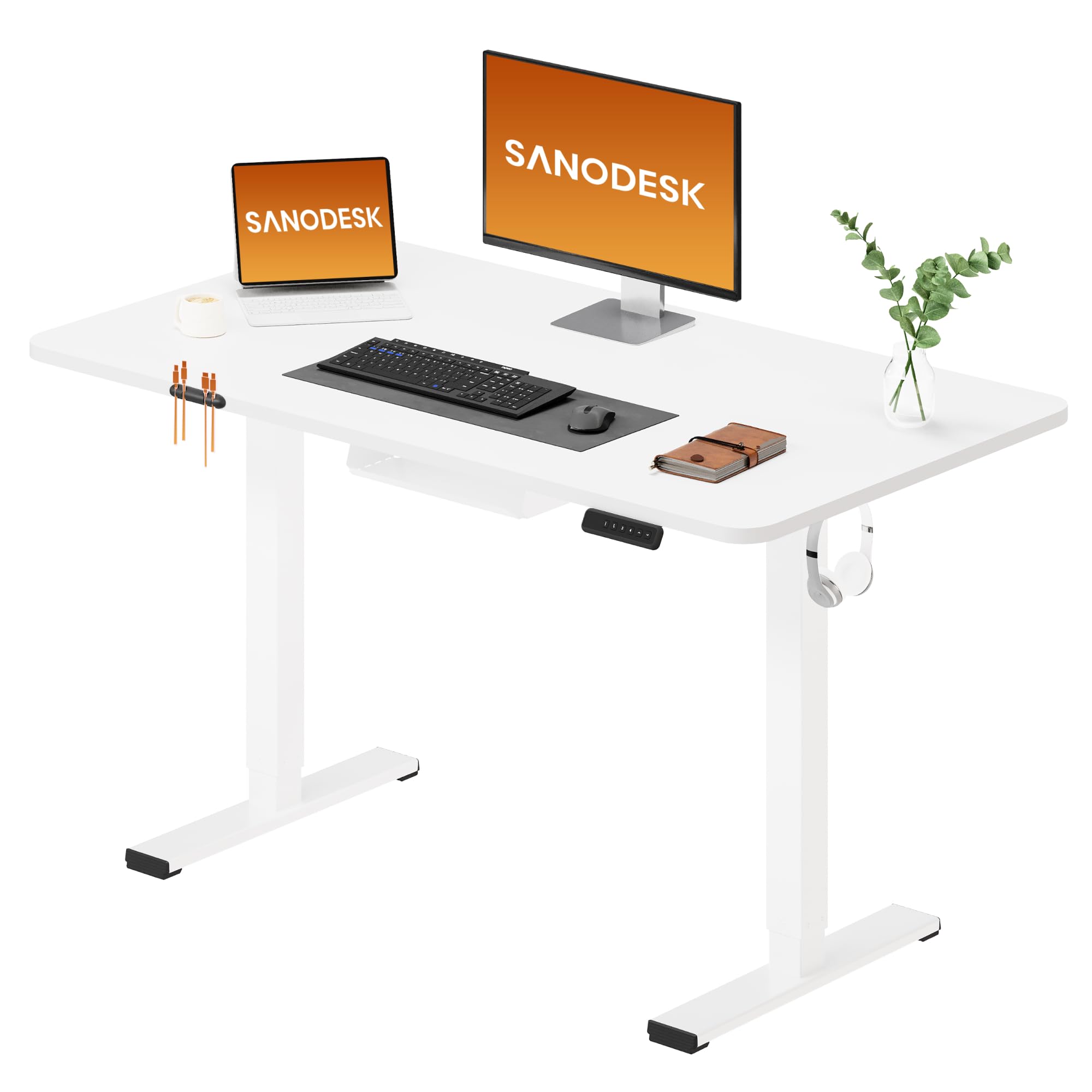 SANODESK Electric Standing Desk ONE PIECE 120 * 60 Height Adjustable Desk With Memory Smart Panel Sit Stand Table With Hooks and Cupholder for Home Office (White Frame+White Desktop) โ image 1