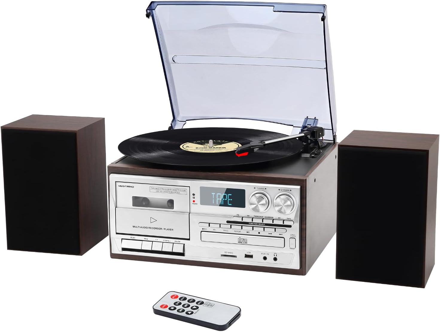 Vintage 10 in 1 Record Player with Bluetooth, AM/FM Radio, USB/SD/MMC, CD/Cassette Player, Remote Control, 2 External Speakers Silver
