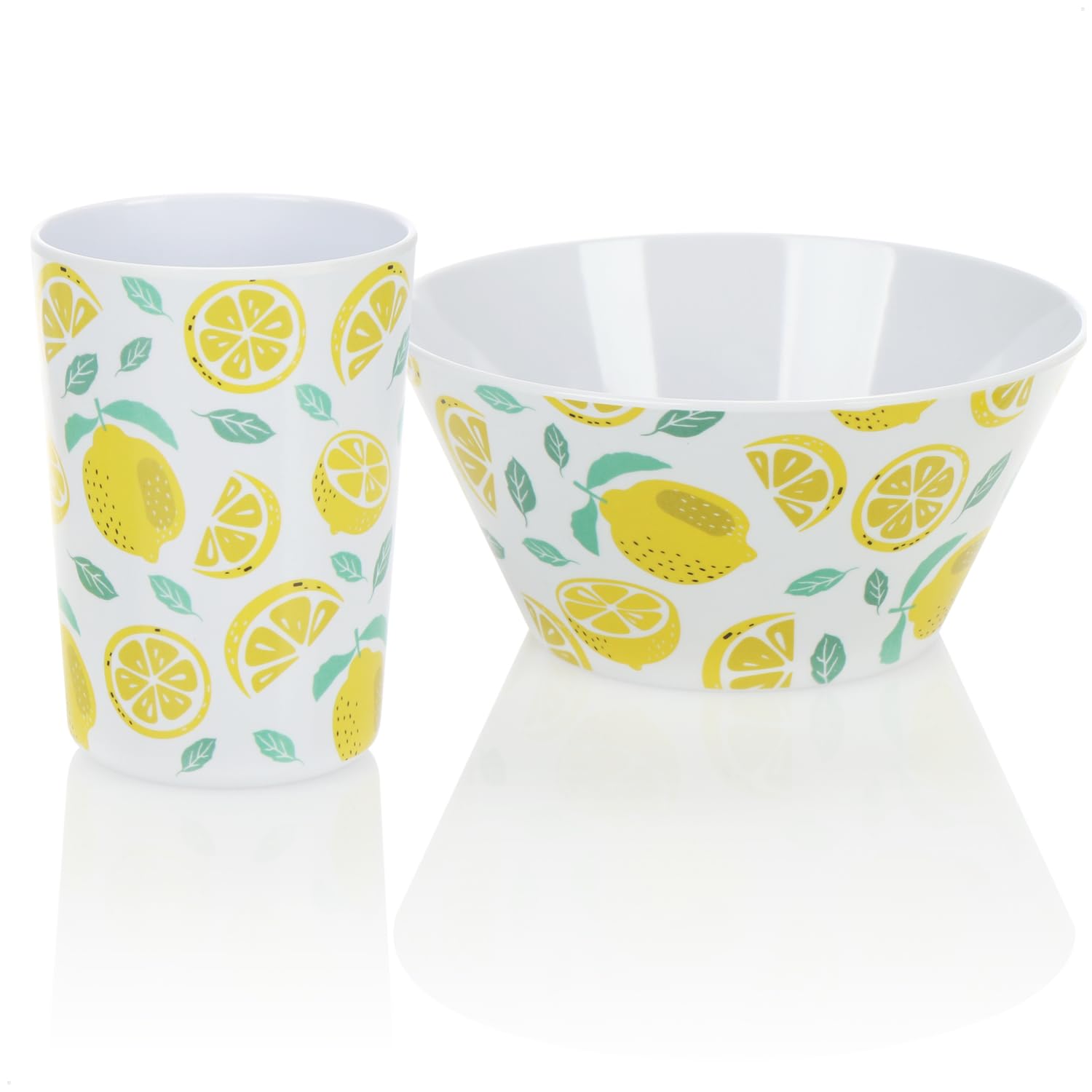 com-four® vajilla 24 Piezas, melamina Reutilizable, Platos, Cuencos, Vasos, diseño Veraniego (Juego de 24 Piezas - Limones)