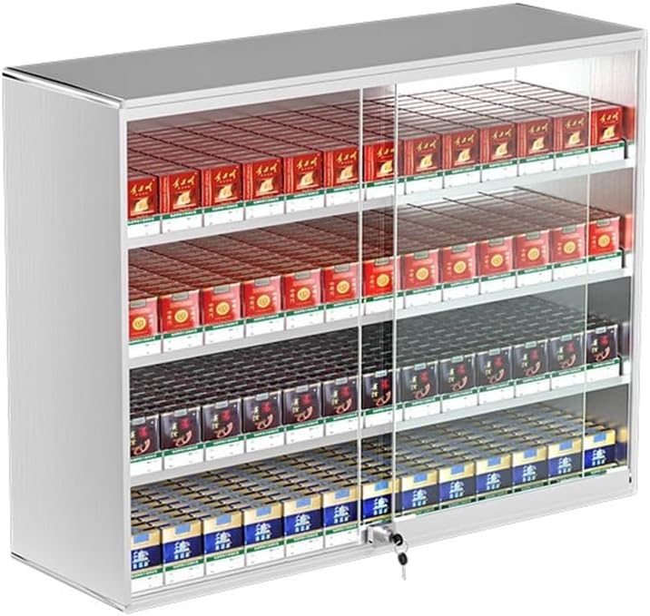 GZHERVICES Cigarette Showcases Rack, Wall Mounted Cigarette Case Shelf, Cigarette Display Holder, Sliding Door with Lock Cigarette Display Cabinet, Automatic Cigarette Pusher(62.5x17.3x90cm)