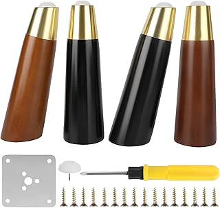 LTSRLL Straight/Angled Conical Furniture Legs - Solid Oak Wood Sofa Legs for Dresser Bed Cabinet Ottoman - Replacement Feet for Couch with Gold Caps (Full Install Kit)(Walnut-b,12cm/4.7″)