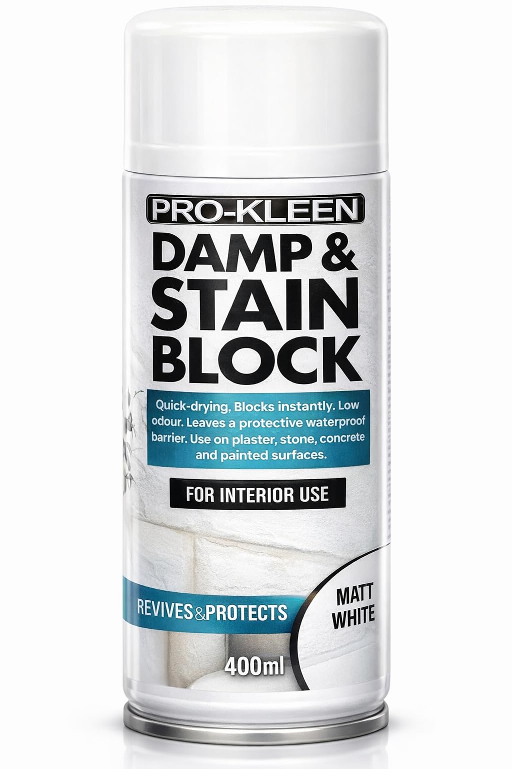 Pro-Kleen Damp & Stain Anti-Mould Block Spray Paint Primer White Matt 500ml- Covers Damp, Grease, Nicotine & Rust Stains - for Walls & Ceilings - Leaves a Waterproof Barrier