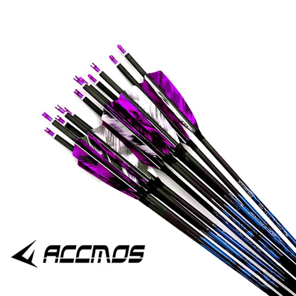 ACCMOS 6pz Blanco Púrpura Pluma Flechas de Caza Spine 250 300 340 400 500 600 700 800 ID 6.2 mm 4" Pluma de Pavo de Camo 27-33 Pulgadas para Arco y Flecha Tiros