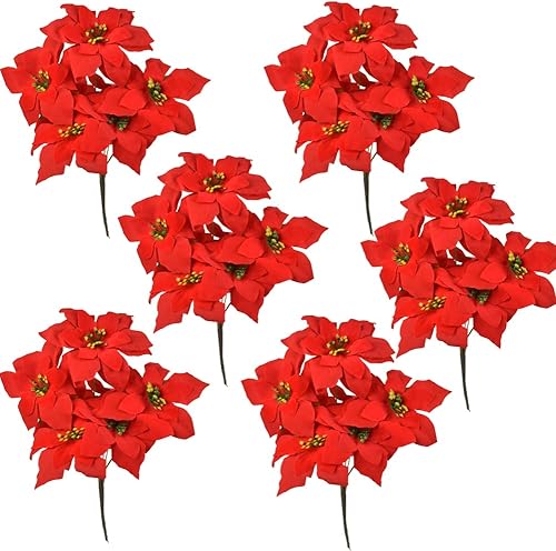 WISTART Paquete de 8 flores artificiales de Pascua de seda, arbustos artificiales de Navidad, flores de Navidad rojas, 7 cabezas, ramo floral de