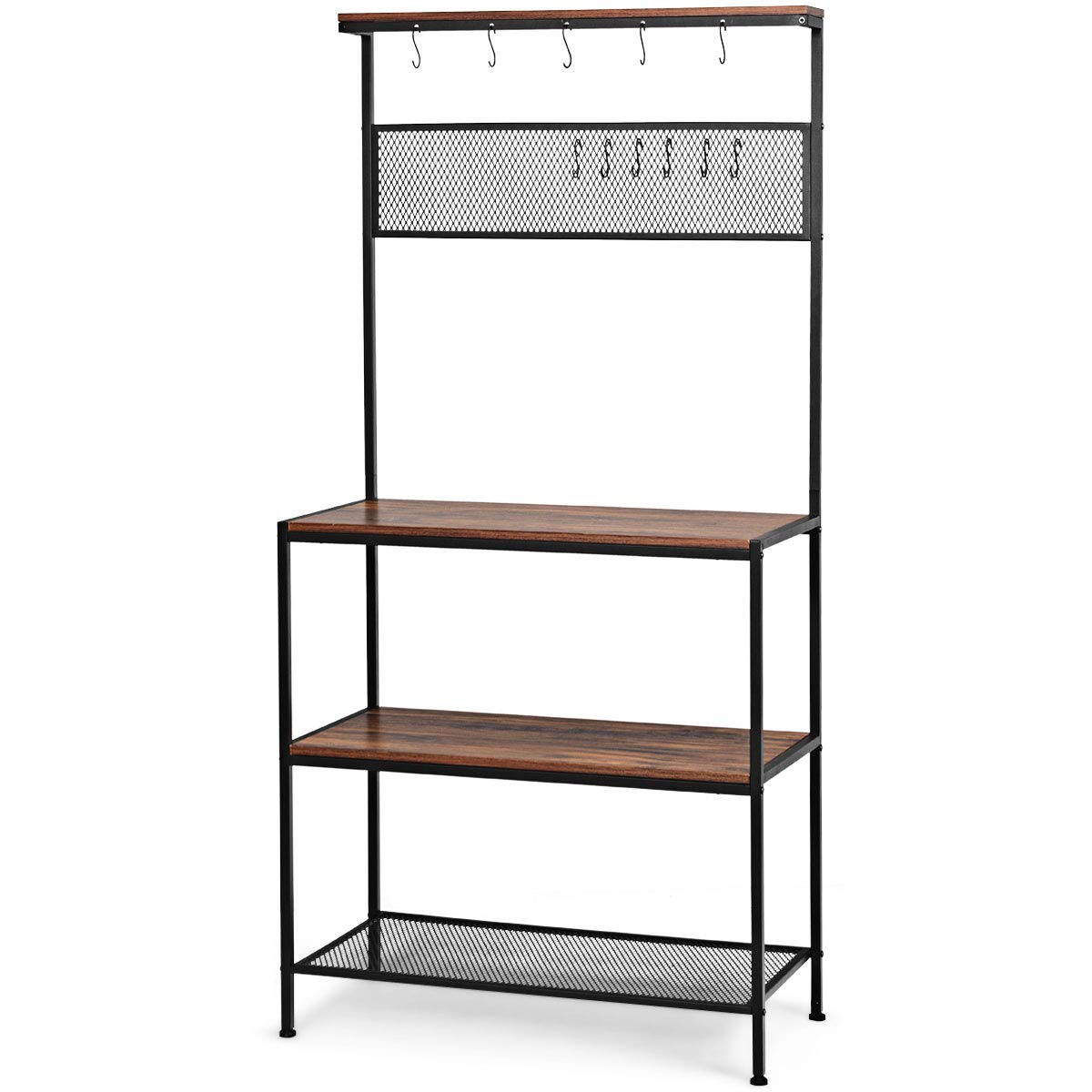 COSTWAY Étagère de Cuisine, Support pour Four à Micro-Ondes à 3 Etages, 11 Crochets en S et 1 Panneau en Grille, Meuble Rangement pour Epices, Pots, Casseroles, Pieds Antidérapants de Style Industriel