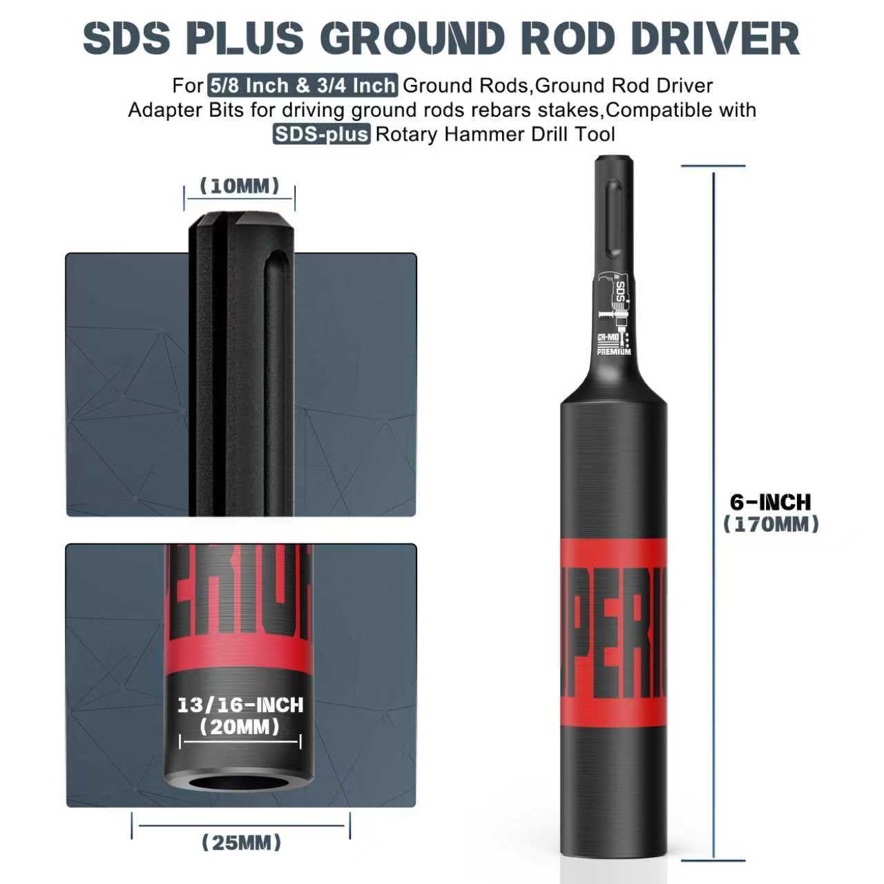 Controlador de varillas de tierra SDS-Plus para accionar varillas de tierra, compatible con herramienta de taladro de martillo rotativo SDS-Plus, acero CR-MO, diámetro interior 20mm