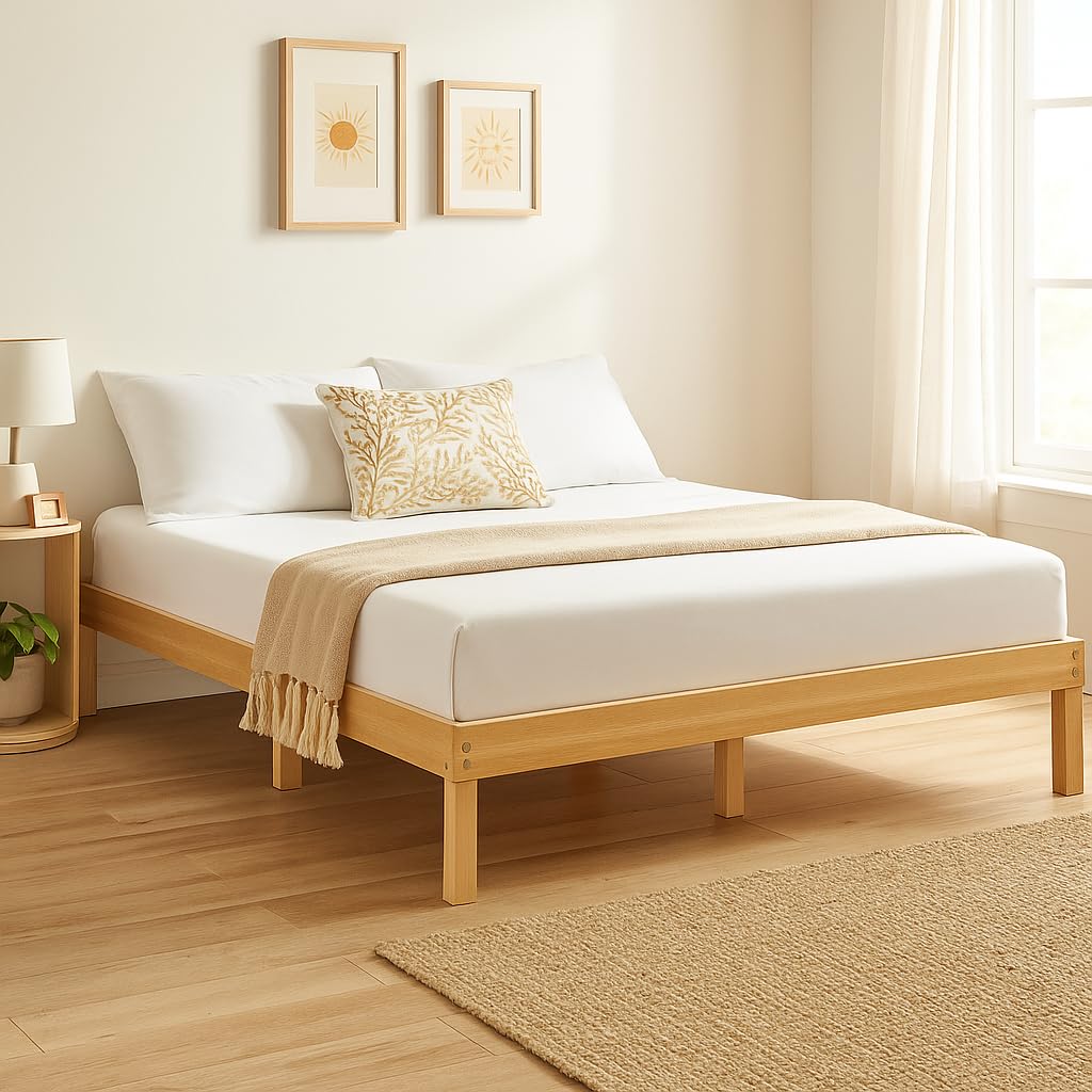 Queen Size Wood Platform Bed Frame No Box Spring Needed Solid Pine Wood Queen Platform Bed Frame Japanese 9 2 Under Storage Color Natural