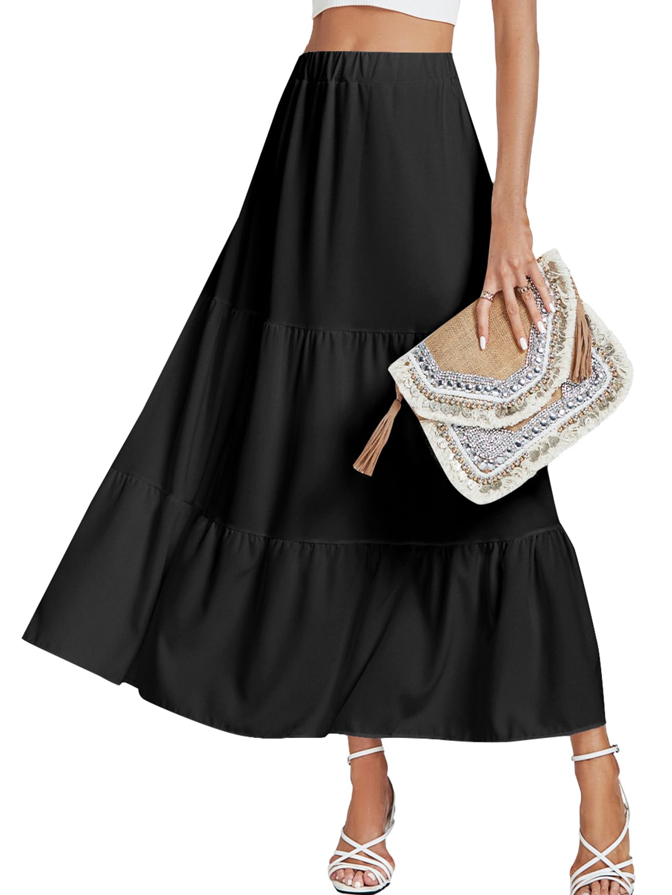 LYANER Womens Elastic High Waisted Ruched Tiered Ruffle Hem Long Skirt with Pockets