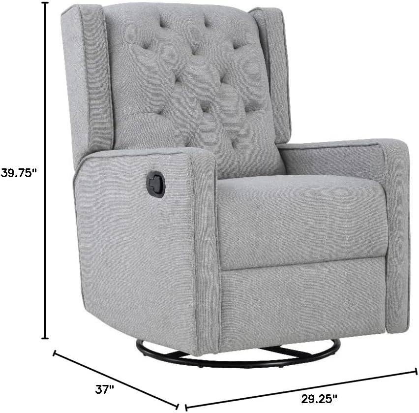 Pemberly Row Wood Fabric Tufted Gliding Swivel Recliner, Woven Gray Finish, 39.75"H x 29.25"W x 37"D, 3-Way Motion Mechanism, Rounded Wingback Design, Comfortable Seating for Nursery or Living Room