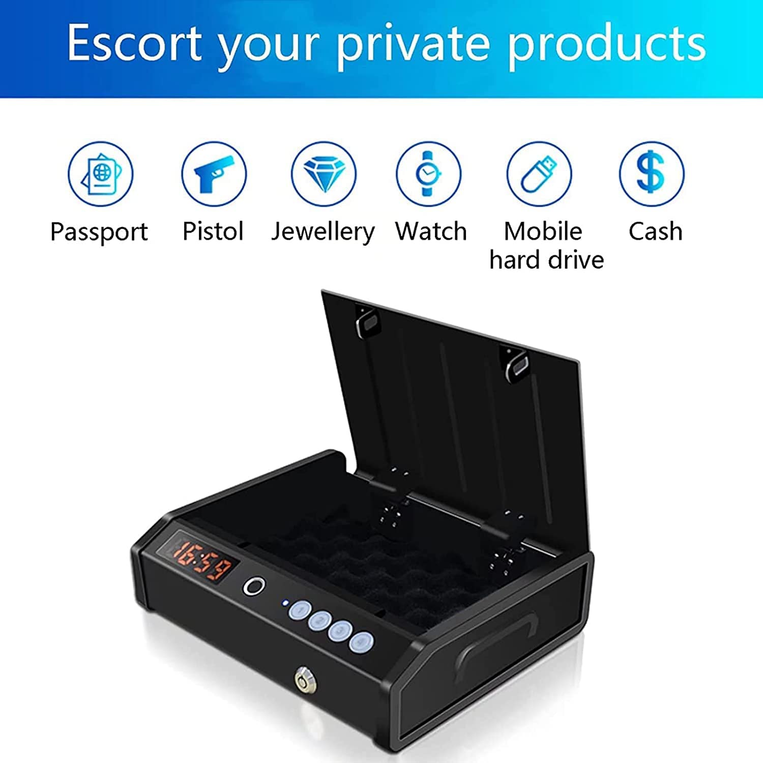 Smart Pistol Safe Cassaforte Portatile per Pistola con Impronta Digitale biometrica, Blocco Tastiera e Chiavi, per Denaro/Pistola/Pistola/Contanti/Gioielli cassaforte, Uso casa, Auto e uffici