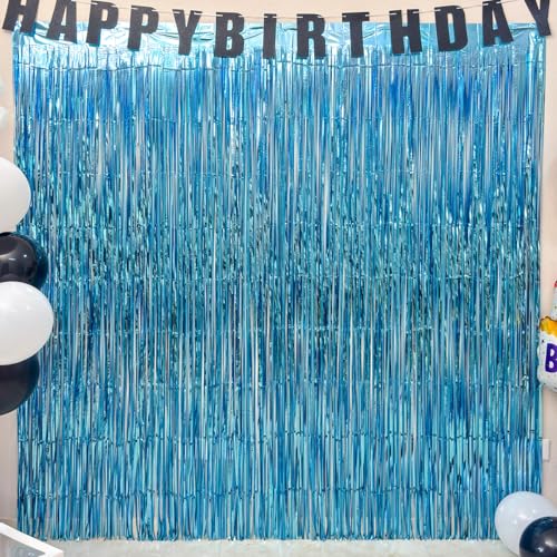 Image of 4 Pack Blue Foil Fringe Curtains, 13.2x6.6ft Ocean Themed Tinsel Streamers Backdrop, Photo Backdrop for Birthday, Baby Shower, Bachelor, Summer Party, Gender Reveal | Blue Streamers Party Decorations