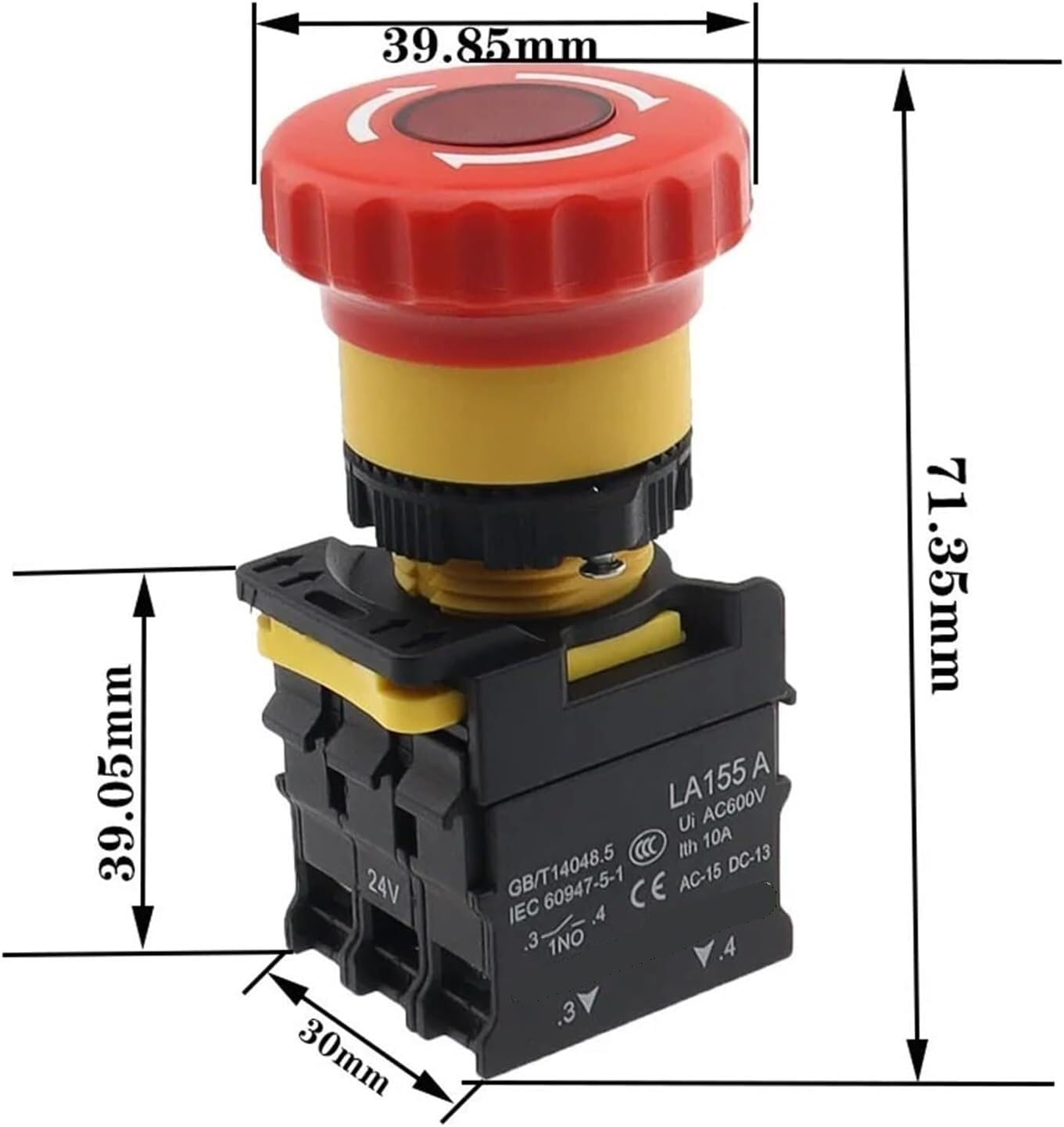 Interruptor de botón de encendido de parada de emergencia de 22 mm con luz - Botón de parada LA38 for control eléctrico - LA155-A-11ZS(24V-2NC Stop with light)