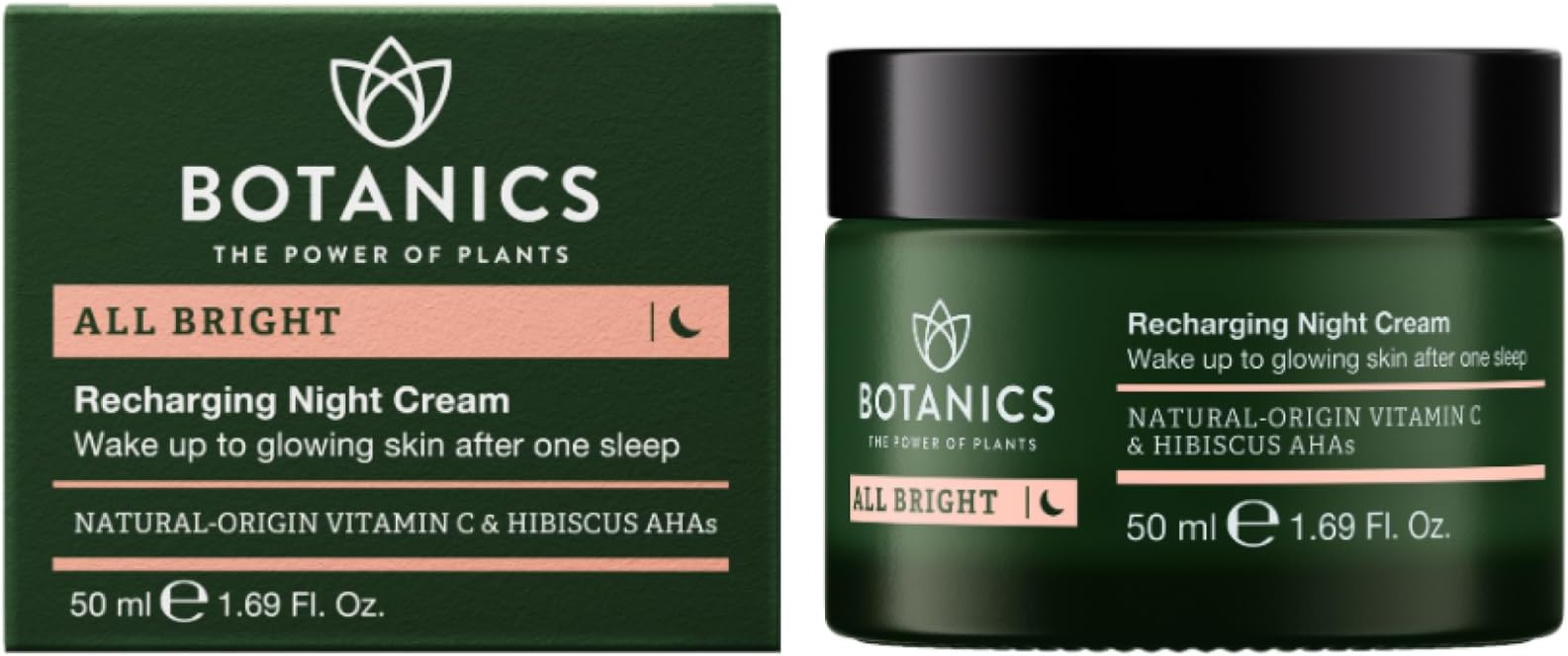 Botanics All Bright Recharging Night Cream - Vitamin C Face Moisturizer with Hibiscus AHA for Glowing Skin - Hydrating & Smoothing - Vegan & Cruelty-Free Face Cream for Women & Men (1.69 Fl Oz)