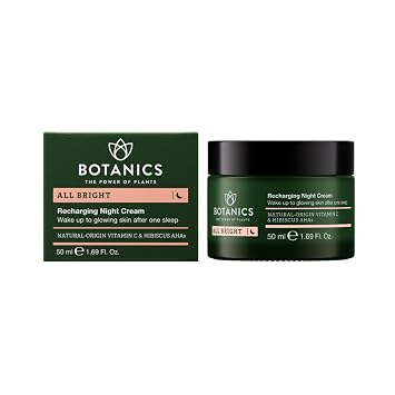 Botanics All Bright Recharging Night Cream - Vitamin C Face Moisturizer with Hibiscus AHA for Glowing Skin - Hydrating & Smoothing - Vegan & Cruelty-Free Face Cream for Women & Men 1.69 Fl Oz