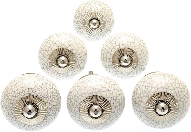 knoa White Crackle Round Ceramic Door Knobs Vintage Shabby Chic Cupboard Drawer Pull Handles Set of 6