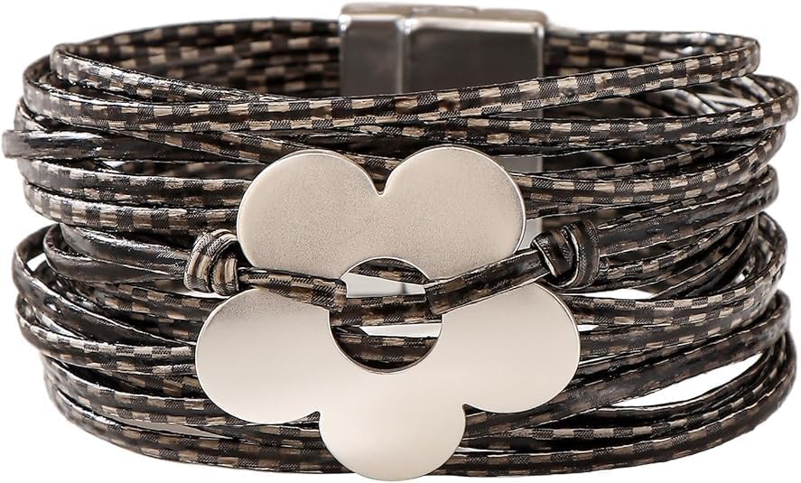 Flower Charm Wrap PU Leather Bracelet for Women Lady Handmade Bohemian Bracelets Jewelry Gifts for Women