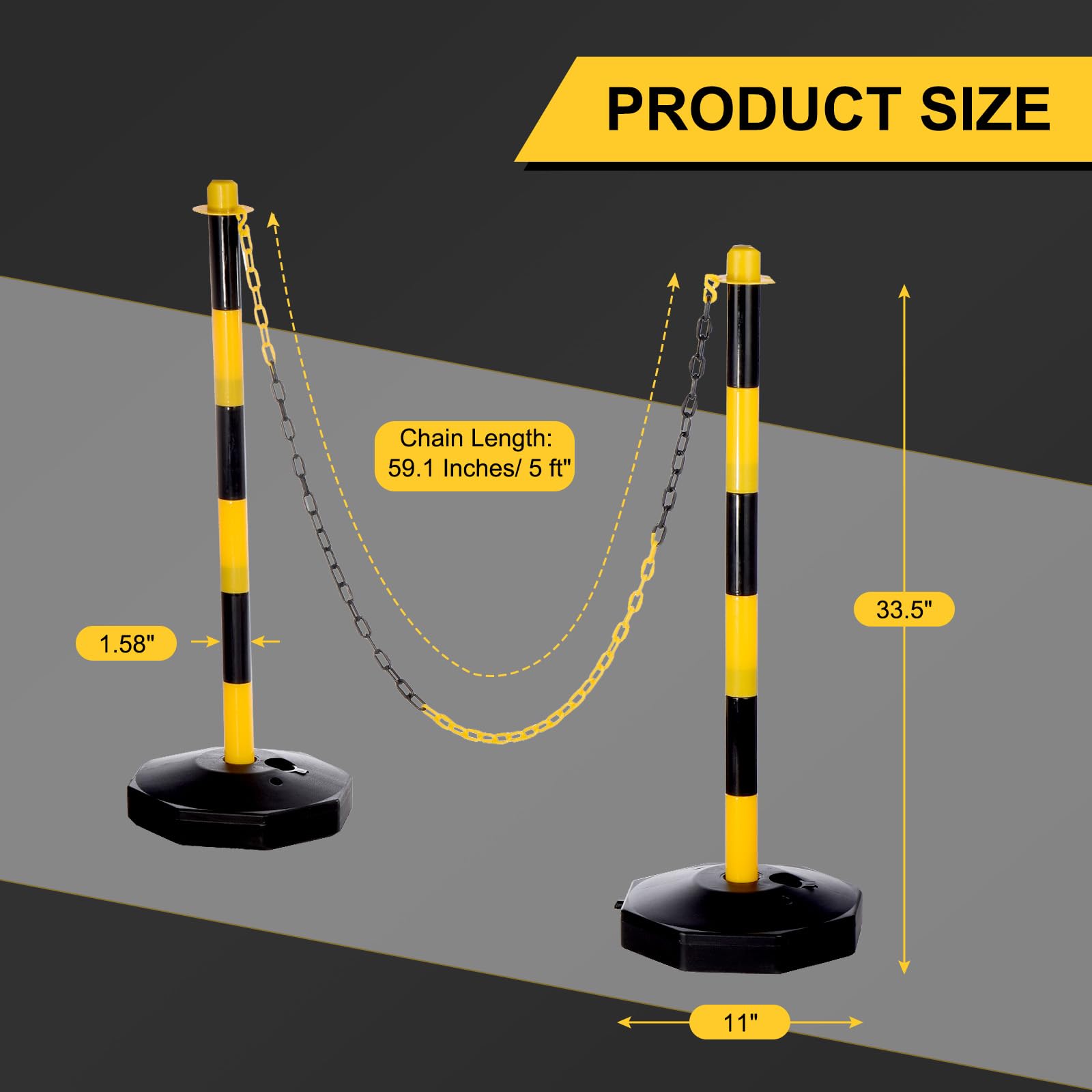 PATIKIL 2 Piezas Poste Delineador De Tráfico con Base Rellenable, Barreras De Seguridad De Cadena Plástica De 5 Pies para Estacionamiento En Construcción Control, Negro/Amarillo