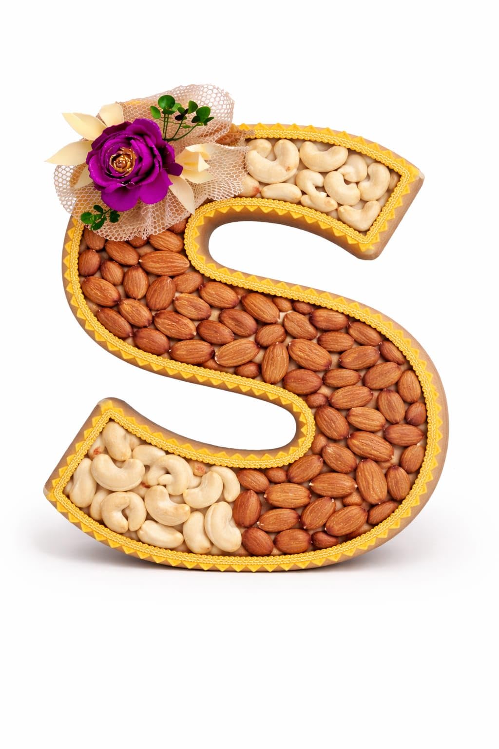 RSDP Foods Wooden Monogram Alphabet Letter Shaped Dry Fruit Gift Box, Decorative Tray with Almonds and Cashews, Wedding and Special Occasion Gift Hamper | Monogram shaped Dryfruits tray | Perfect for Wedding gifts, Marriage gift, Birthday gift, Valentine gift | 500Grams Dryfruits (S)-image-14