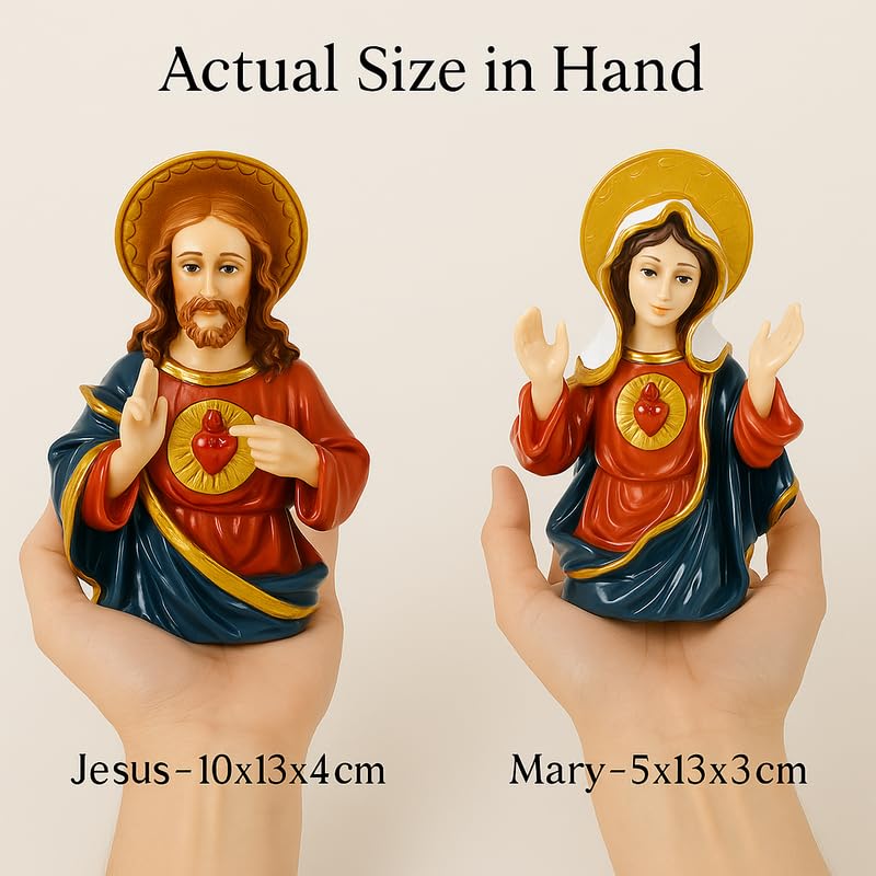 Image of Sacred Heart Jesus & Immaculate Mary Statues | Xmas Dcor Spiritual Idol Set for Home Church, Office Desk, Car Dashboard Idol & Christian Blessing Gift