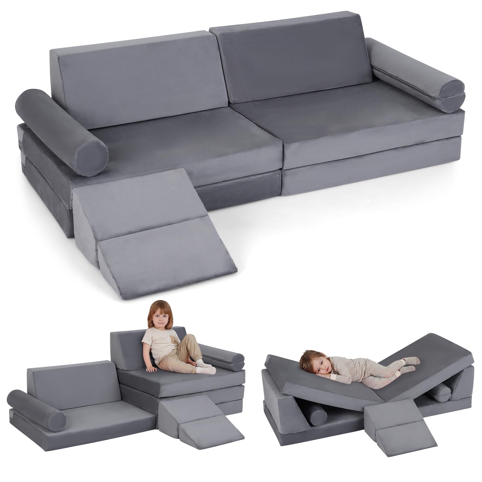 COSTWAY 10 teiliges Kindersofa mit Schlaffunktion, modulares Spielsofa gepolstert aus Kristallsamt mit waschbare Bezüge, Kindercouch ausklappbar, Kuschelecke für Jungen & Mädchen ab 3 Jahre (Grau)
