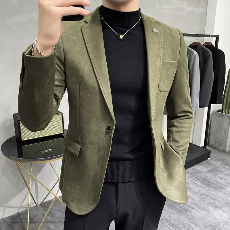 Men's Fleece Jacket Blazer Men Business Casual Slim Fit Single Button Suit Coat2