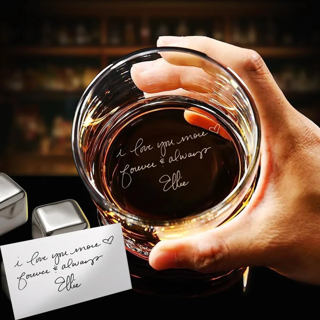 Personalized Gift for Him - Custom Engraved Message Whiskey Glass, Present for Dad, Christmas Gift Idea (310 ml, Custom Engraved Handwritten Message Whiskey Glass), Brown