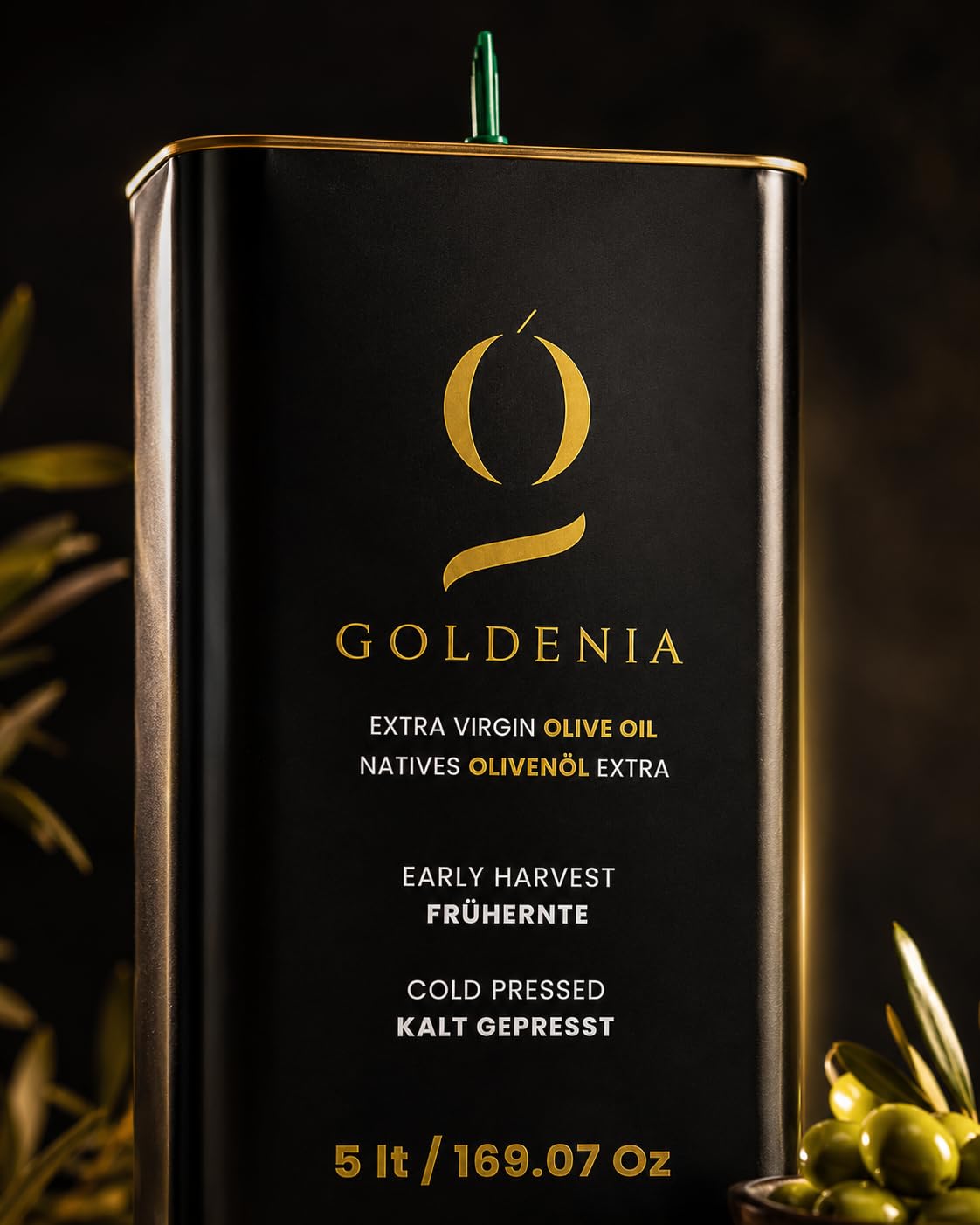 GOLDENIA Premium Natives Olivenöl Extra 5L – Frühernte, Kalt Gepresst, Extra Virgin Olive Oil, Erste Güteklasse, Product of Turkey, Premium Olivenöl im Metallkanister