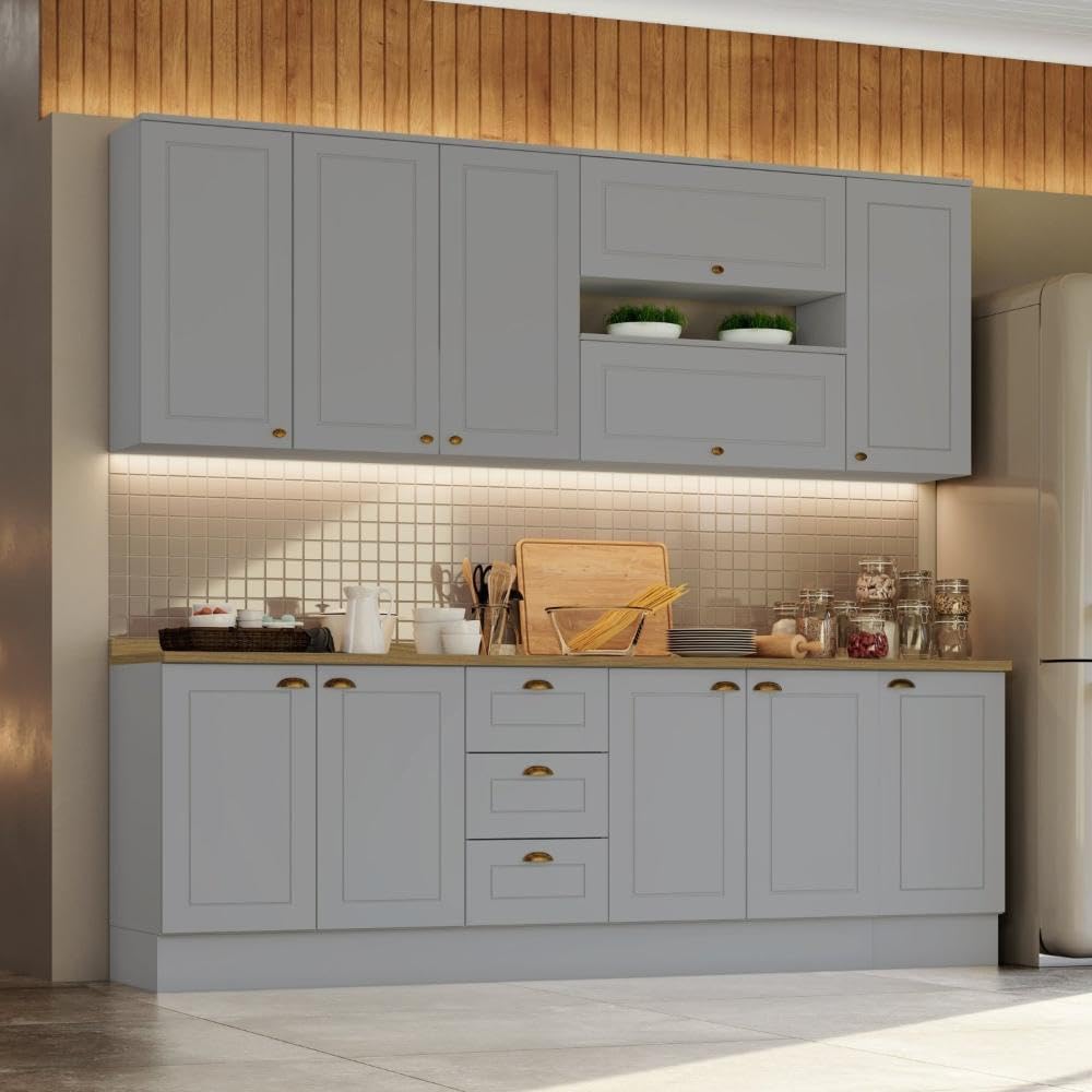 Emily　3セット Cozinha Compacta 7 Peças 11 Portas 3 Gavetas Emily Cinza/nature
