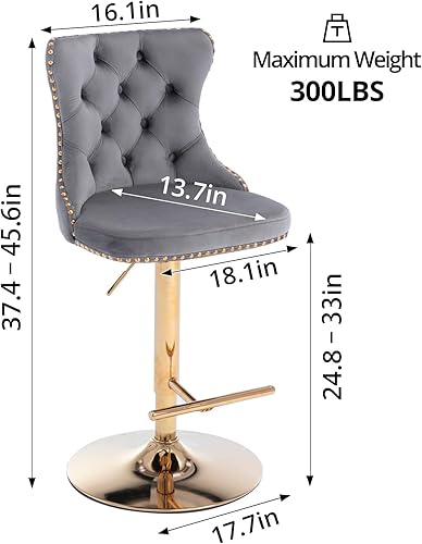 Miniatura 10 de Juego de 4 taburetes de bar giratorios, ajustables, altura de encimera, cojín grueso, anillo de tracción y ribete de cabezas de clavos, de