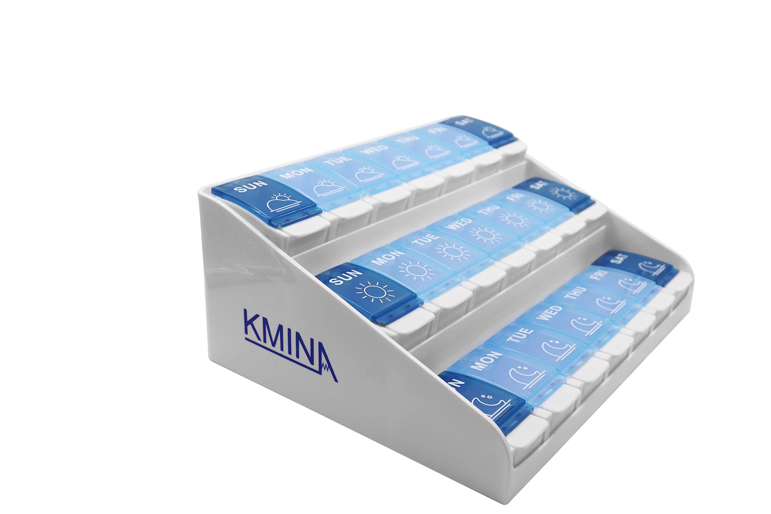 KMINA Extra Large Pill Organizer 3 Times a Day, Weekly Medicine, 7 Day Pills Box Case with Push Button for Big Vitamin Supplements, Patented, Made in Europe