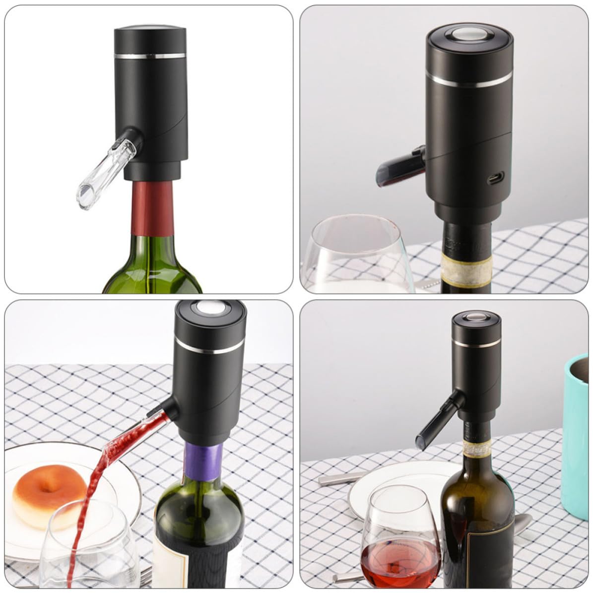 Aérateur de Vin Électrique Noir, Distributeur Touche, Batterie Intégrée