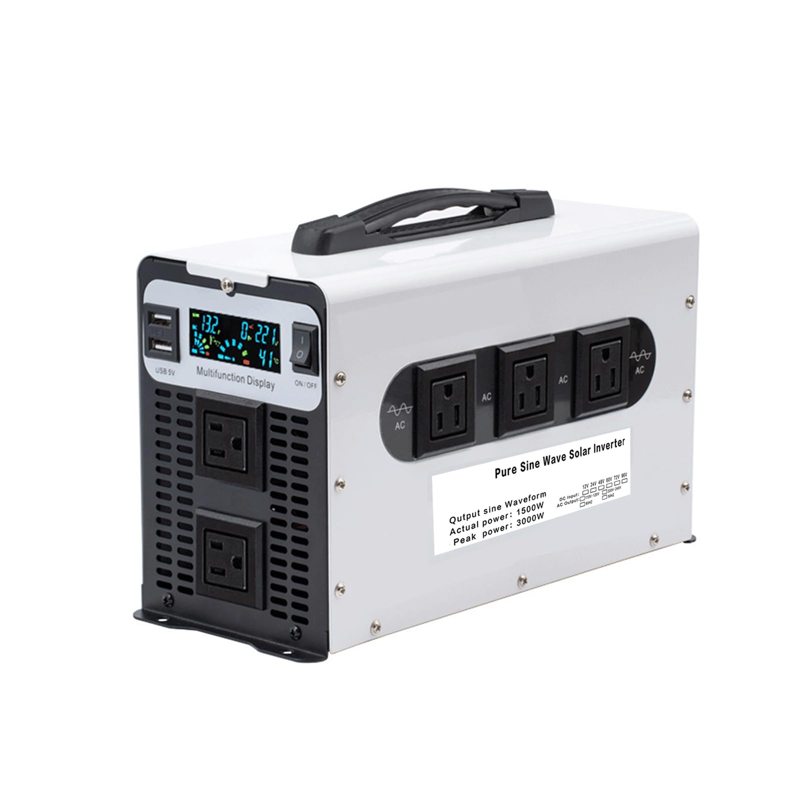 1500 Watts Pure Sine Wave Power Inverter, 12V 24V 48V 60V 72V DC to 110V/120V 230V/240V AC Converter, Peak 3000W Outlets, for Home Appliances, RV Camping, Off-Grid Solar,72V to 110V