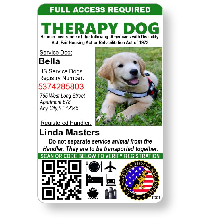 JUST 4 PAWS Therapy Animal ID Card with QR Code and Optional Holograph | Registration to US Service Dogs Registry Plus ID Holder and Digital ID - Portrait Style