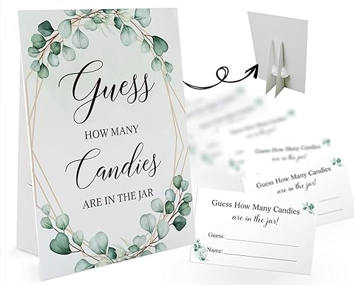 Tarjetas de juego Candy Guessing, 1 letrero de 8 x 11 pulgadas y 50 tarjetas, letrero de juego Gold Greenery Guess How Many para fiestas de