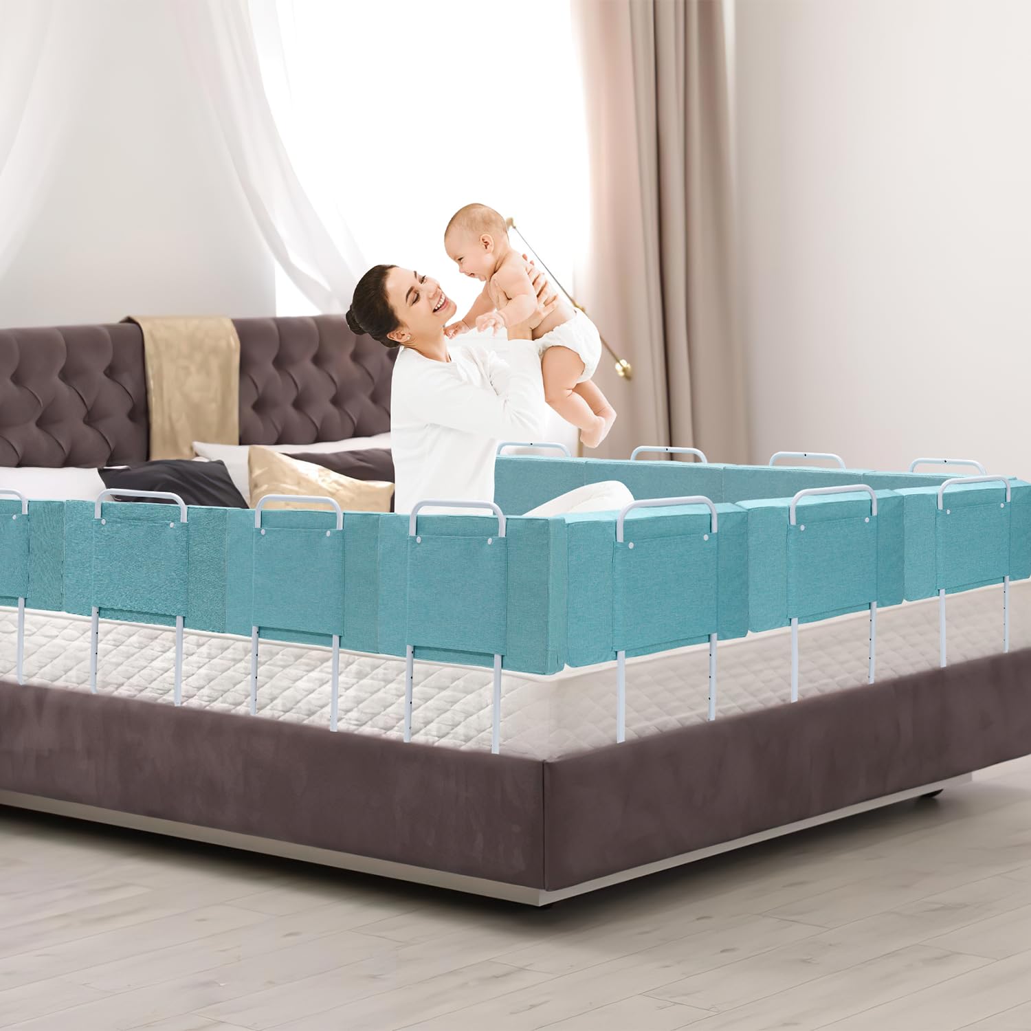 3 barandillas de cama de 50 cm para cuna, protección anticaídas, suave, altura regulable, 5 agujeros, verde, lino verde
