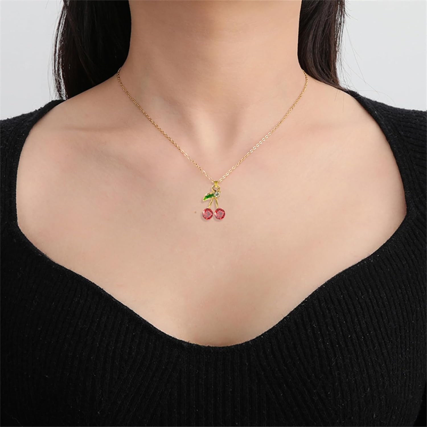 Dreuyet Red Crystal Cherry Earrings Necklace Set for Women Personalized Creative Cherry Fruit Huggies Hoop Earring Pendant Necklace Cute Summer Tropical Fruit Green Leaf Charm Jewelry - Image 4