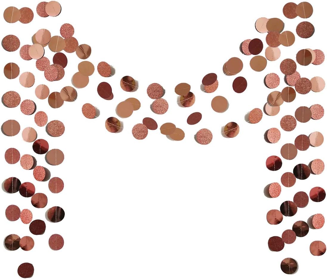 6 Pcs Glitter Rose Gold Paper Circle Dots Garland (52 Feet) Party Hanging Decorations Bachelorette Party Engagement Party Bridal Shower Wedding Baby Shower Birthday Party Supplies Cute Photo Backdrop