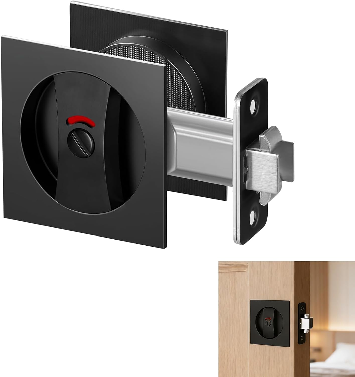 Black Pocket Door Hardware - Pocket Door Lock with Indicator, Red/Green Privacy Square Pocket Door Lock for Bathroom & Bedroom, Fits 1-3/8" to 2" Doors, 2-3/8" Backset (1 Pack)