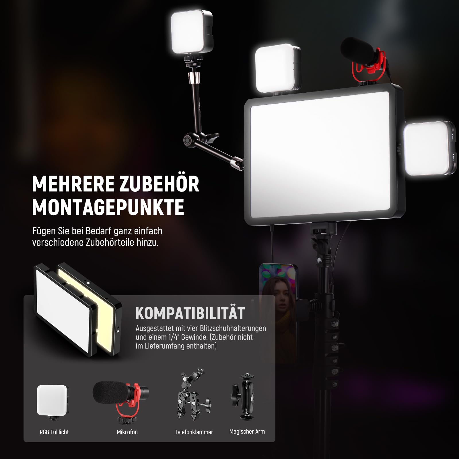 NEEWER Basics 2 Pack LED Video Light Panel mit 59''/150cm Stativständer & Telefonhalter, 2700 6500K 850Lux Bi Color Dimmbare Studiobeleuchtung für Fotografie Filmen Aufnahme Live Streaming, BP300