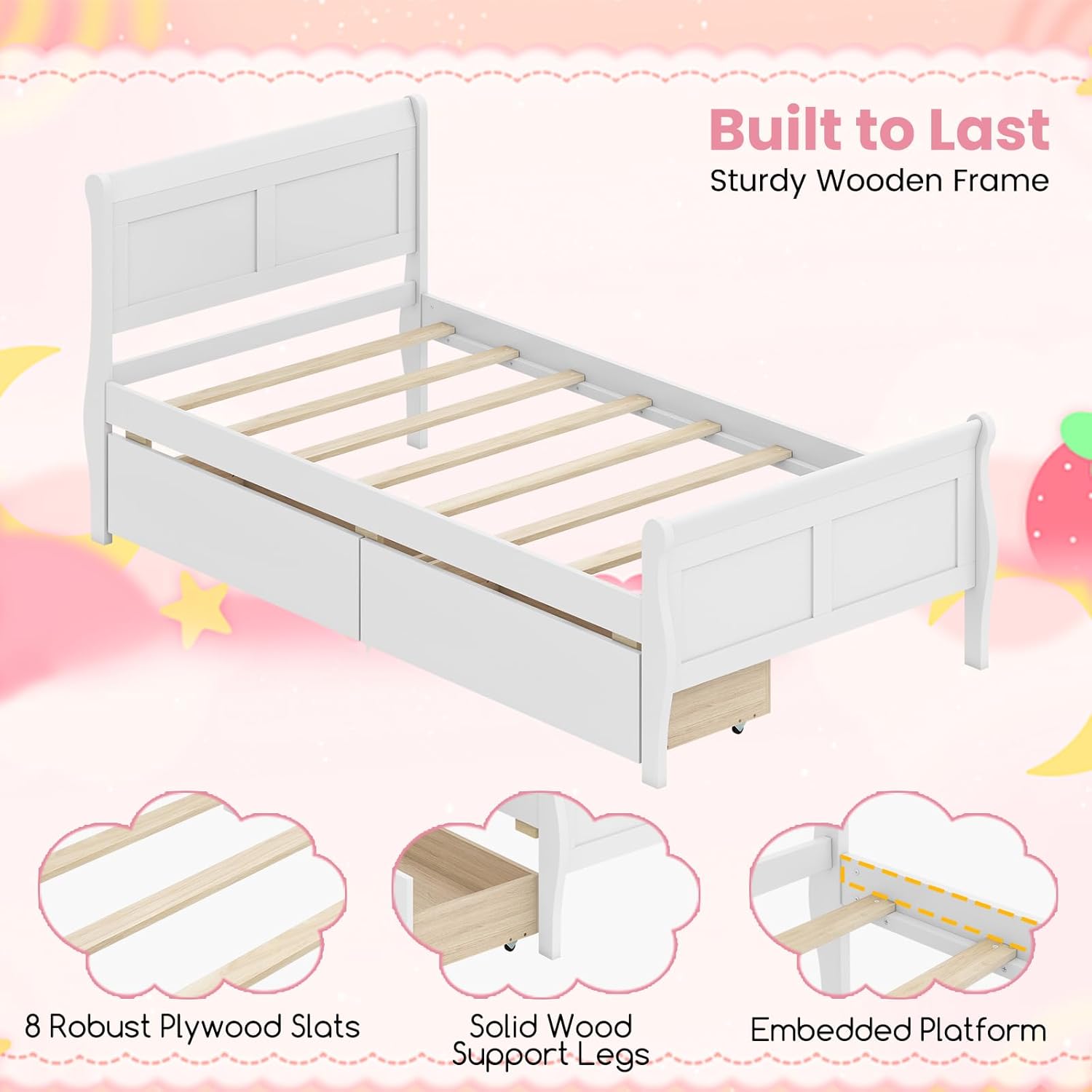 KOMFOTT 2 Twin Bed with 2 Drawers, Twin Storage Bed with Headboard for Bedroom, Sleigh Wood Bed Frame with Wooden Slats Support for Kids, Teens, Adults, No Box Spring Needed (White)