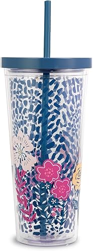 Steel Mill & Co - Vaso reutilizable de 24 onzas con tapa y pajita, taza de viaje aislada de doble pared, mosaico floral