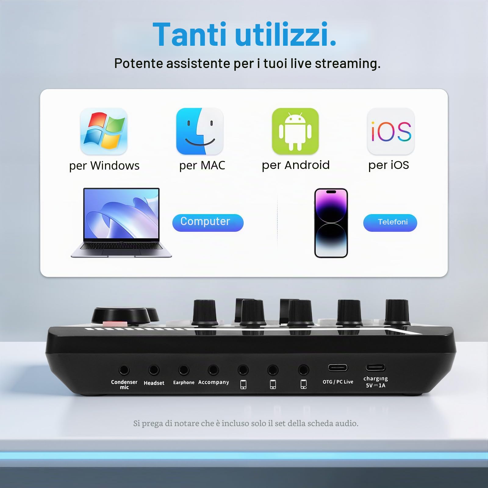 F998 - Mixer audio professionale Bluetooth, interfaccia audio, scheda audio, mixer DJ con diversi effetti sonori e luce LED, scheda per effetti sonori per live streaming, PC, gaming 19 * 11,8 cm