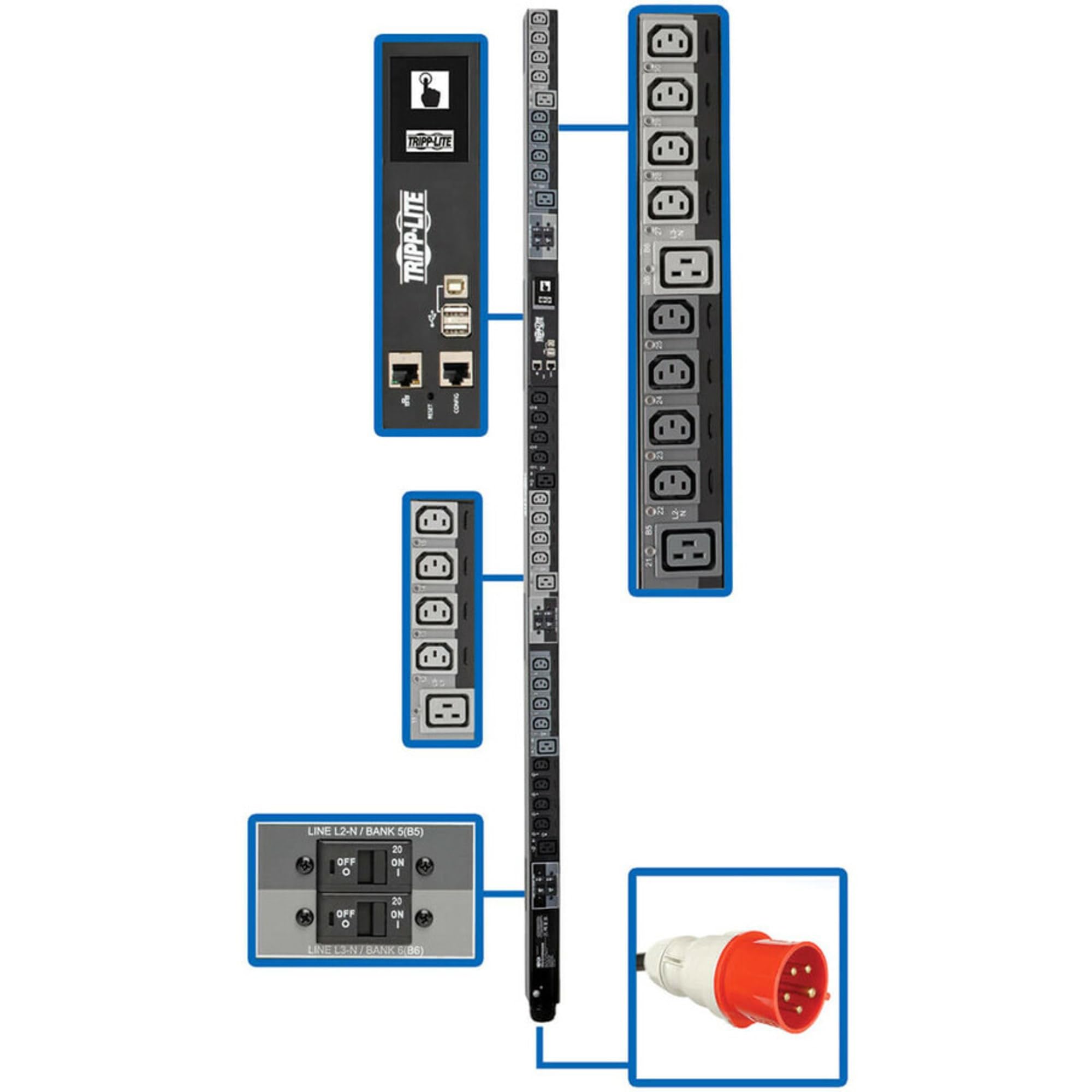 Tripp Lite 14.5kW 3-Phase Switched PDU, LX Interface, 200/208/240V Outlets (24 C13/6 C19), LCD, Hubbell CS8365C, 1.8m/6