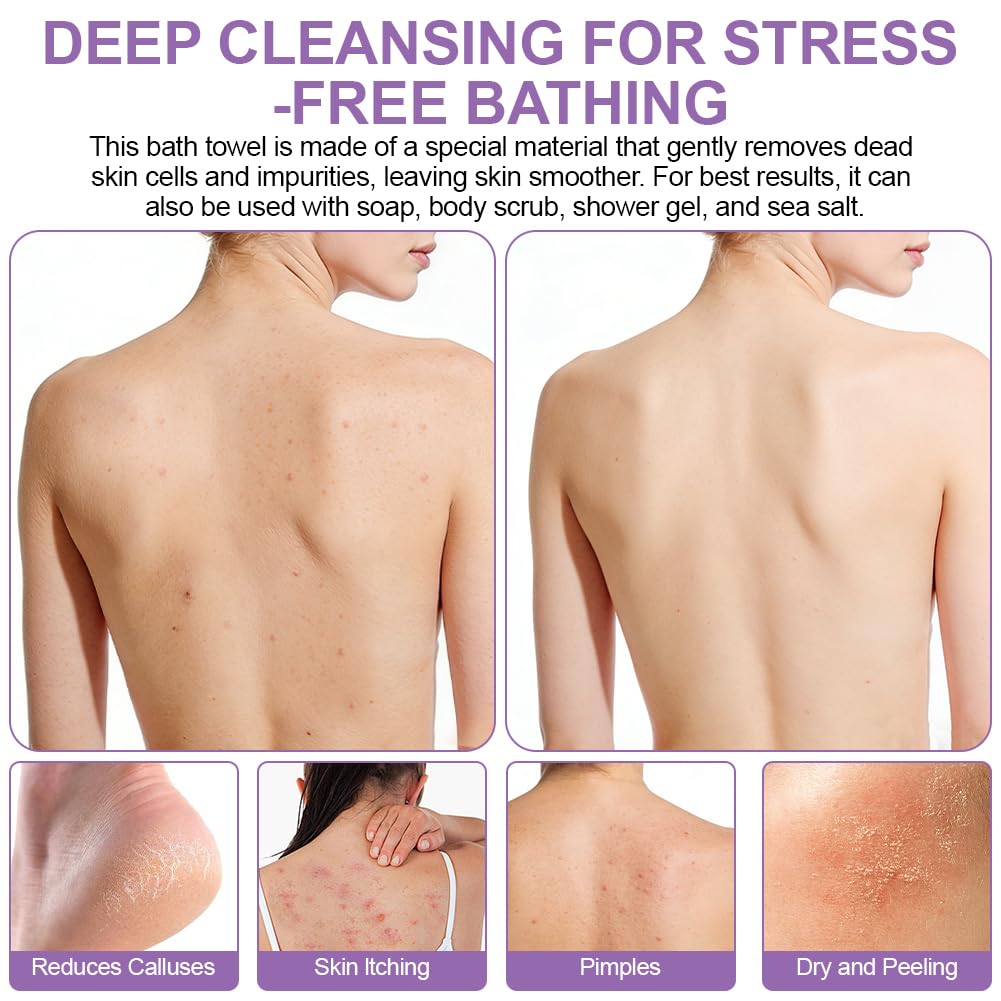 Set Guanto Scrub Corpo, 2 Guanti Esfolianti e 1 Scrubber per la Schiena, Panno Esfoliante Corpo Asciugamani Esfolianti per il Corpo Unisex, Guanti Esfolianti per Esfoliante/Doccia/Spa (Viola) - 5