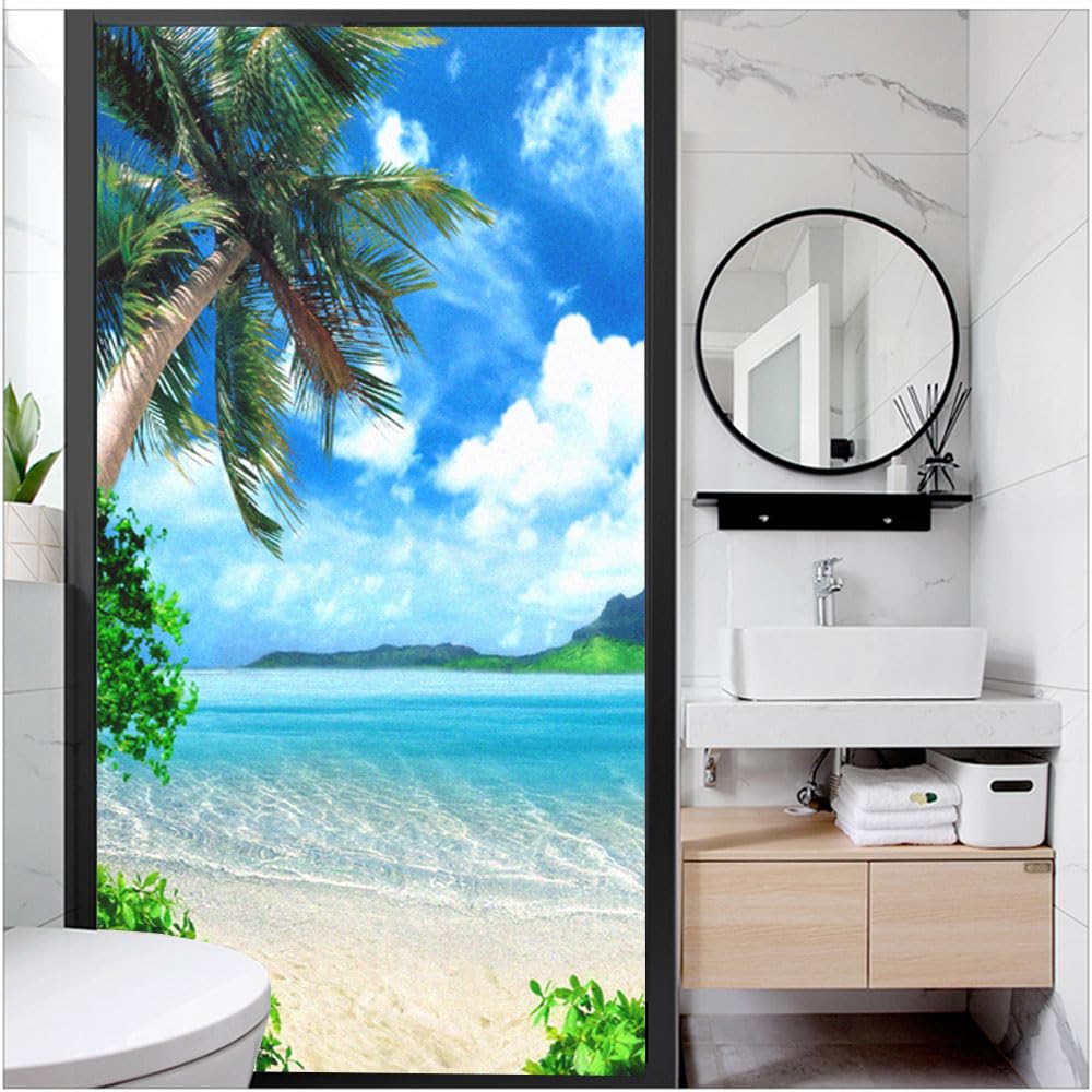 Static Cling Privacy Window Film Anti UV Blocking Heat Control Window Stickers Seaside Background Frosted Glass Window Decoration W27.6 x H78.74(70x200cm)