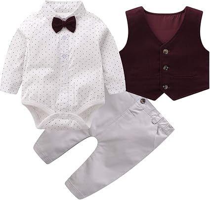 Boarnseorl Baby,Clothing,Baby Boys 0-24m,Outfits & Clothing Sets Baby Boys Gentleman Outfits Suits, Infant Long Sleeve Shirt+Bib Pants+Bow Tie +Vest Clothes Set